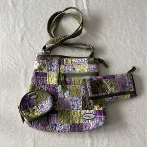Donna Sharp Green and Purple Patchwork Crossbody, Wallet and Coin Purse